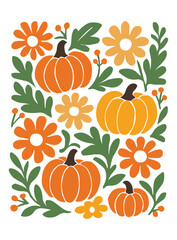 Orange pumpkins and flowers with green leaves and berries autumn fall