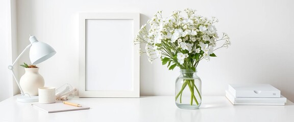 White frame mockup, workspace essentials, gypsophila in vase, white table,  flatlay,  template