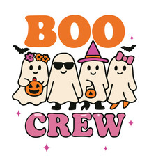 Four cute ghosts with pumpkins and bats saying Boo Crew halloween
