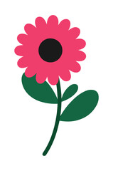 Pink flower with black center and green leaves on white background stem