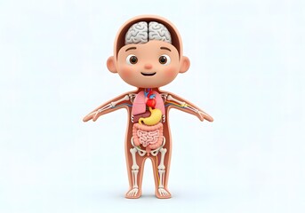 A cartoon illustration of a child's body with internal organs displayed, showing the brain, lungs, stomach, and intestines.