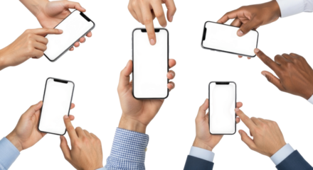 Multiple hands holding smartphones with blank screens during a collaborative discussion cutout isolated on transparent bg, png