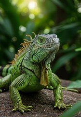 Obraz premium Green Iguana Portrait Close-Up in Lush Tropical Environment Wildlife