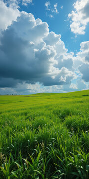 Lush green field under dramatic sky with cumulus clouds
