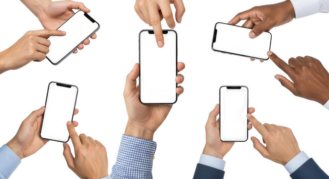 Multiple hands holding smartphones with blank screens during a collaborative discussion cutout isolated on transparent bg, png