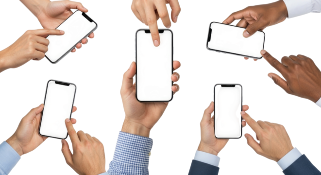 Multiple hands holding smartphones with blank screens during a collaborative discussion cutout isolated on transparent bg, png