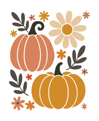 Two pumpkins with floral elements in muted autumn colors fall harvest