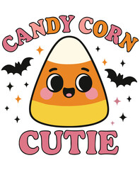 Cute candy corn character with bats and stars text cutie halloween cartoon