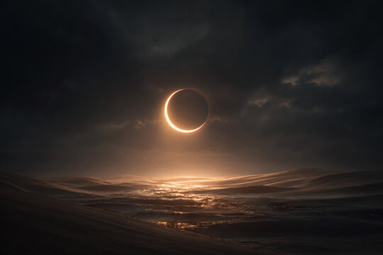 Mysterious crescent moon illuminates dark moody sky above reflective water surface