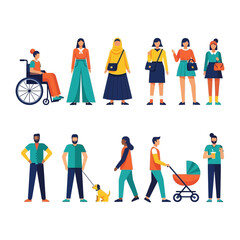 Inclusive Community Illustration: Capturing a vibrant, multi-ethnic community, this graphic celebrates unity and diversity through illustration. The scene features people of various backgrounds.