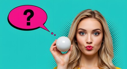 Blonde woman holding a white ball with a pink question mark speech bubble on a teal halftone background