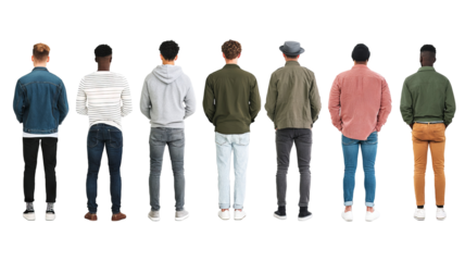 Group of diverse men standing in line, back view, casual outfits, full-length figures, multicultural male lineup, isolated on transparent background, high-resolution PNG cutout ideal for design