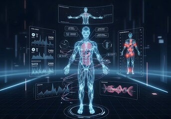 Futuristic holographic display showcasing a detailed 3D anatomical model of the human body with vital signs and medical data visualizations.