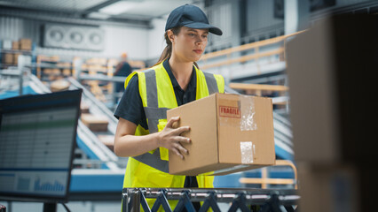 Caucasian Female Loader Putting Boxes On Automated Conveyor Belt In Modern Sorting Center. Woman In...