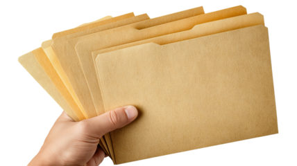 Hand holding manila file folders isolated on transparent background — high-resolution PNG cutout for office stationery mockups, document organization, filing, and branding design