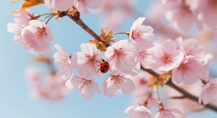 Obraz premium A red ladybug rests on delicate pink cherry blossoms against a clear blue sky.
