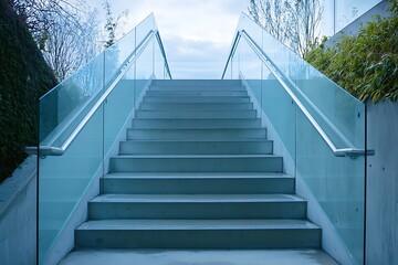 Wide staircase elegantly enclosed with frosted glass handrails and seamless concrete steps