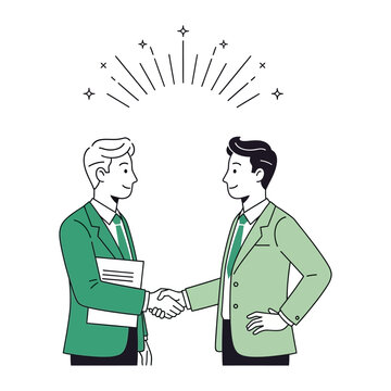Handshake Agreement: A professional illustration of two people, dressed in smart attire, forging an agreement through a firm handshake. The illustration, set against a clean background.