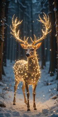 Illuminated reindeer in winter forest with glowing antlers and lights