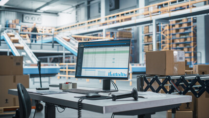 Empty Workplace Of Sorting Center Employee with Desktop Computer Monitor And Barcode Reader. Conveyor Belt With Online Orders Packaged In Cardboard Boxes Working in the Background