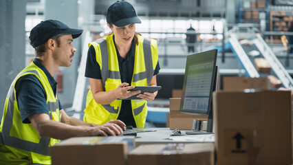 Caucasian Male Stocking Associate Using Desktop Computer, Talking to Female Manager With Tablet In Warehouse Facility With Conveyor Belt. Man And Woman Working In Sorting Center of Online Marketplace.