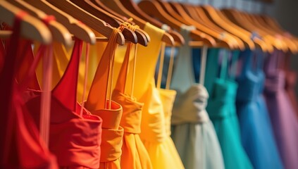 A beautifully arranged luxurious evening gowns in a range of vibrant colors with soft lighting. The photo emphasizes fabric textures, flowing silhouettes, and sophisticated fashion styling