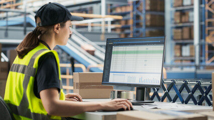 Caucasian Female Stocking Associate Using Desktop Computer To Check Inventory In Modern Distribution Facility. Multiethnic Colleague Loading Cardboard Boxes With Orders On Automated Conveyor Belt