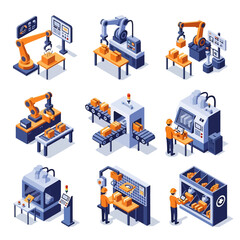 3D isometric view illustration set of various automated factory processes featuring robotic arms, CNC machines, conveyor belts moving goods, and factory workers overseeing the production