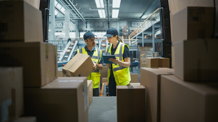 Caucasian Female Supervisor Using Tablet Computer To Check Inventory In Modern Logistics Facility With Conveyor Belt. Male Warehouse Worker Loading Boxes In Van For Delivering Orders To Clients.