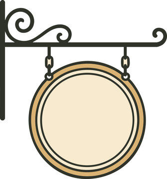 Hanging round shop sign on wrought iron bracket blank label