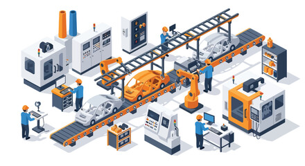 3D isometric view illustration of an advanced car manufacturing assembly line with robotic arms welding car bodies, conveyor belts moving vehicles, and factory workers overseeing the automated process