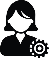 Silhouette of a woman with a gear icon symbolizing technical skills engineering or mechanical expertise in a professional context