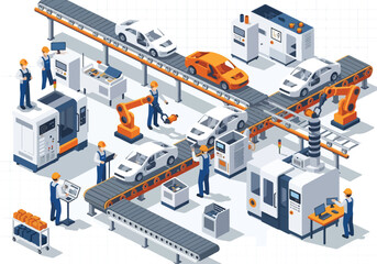 3D isometric view illustration of an advanced car manufacturing assembly line with robotic arms welding car bodies, conveyor belts moving vehicles, and factory workers overseeing the automated process