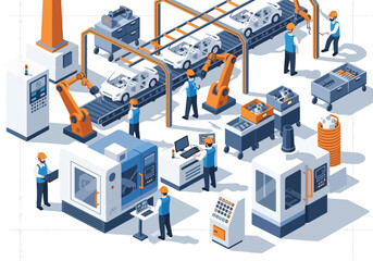 Obraz premium 3D isometric view illustration of an advanced car manufacturing assembly line with robotic arms welding car bodies, conveyor belts moving vehicles, and factory workers overseeing the automated process