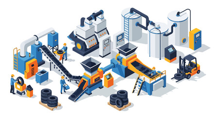 3D isometric view illustration of a tire recycling factory with machinery processing old tires, conveyor belts, workers, a forklift, storage tanks, and resulting rubber granules