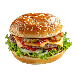 Juicy cheeseburger with sesame bun, lettuce, tomato, onion, pickles, and melted cheese. background removed
