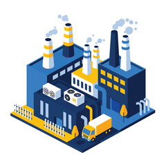 3D isometric view illustration of a modern industrial factory complex with multiple buildings, smokestacks emitting fumes, ventilation units, delivery trucks, and surrounding infrastructure