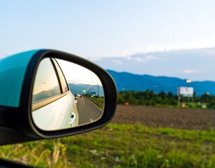 Car mirror reflects scenic road and mountains