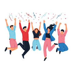 Jumping Joy: A vector illustration depicts a vibrant group of people joyfully leaping in celebration with confetti showering down, perfect for conveying themes of festivity and elation.