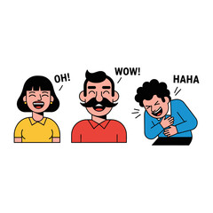 Joyful Reactions: Vibrant illustration of diverse figures displaying joyful reactions, capturing expressions of amazement and laughter, with expressive speech bubbles. 