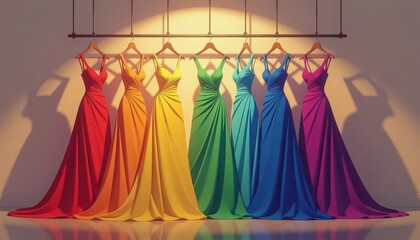 A beautifully arranged luxurious evening gowns in a range of vibrant colors with soft lighting. The photo emphasizes fabric textures, flowing silhouettes, and sophisticated fashion styling