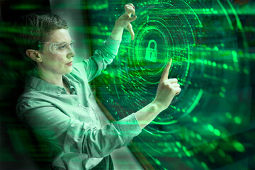 Engineer using AR glasses with virtual security interface