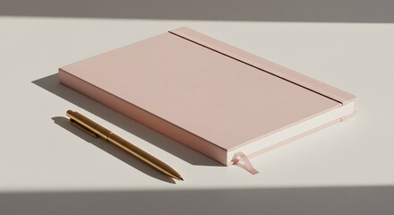 A simple and elegant light pink notebook and a gold pen resting on a textured surface with soft shadows	
