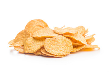 Crispy potato chips isolated on white background.