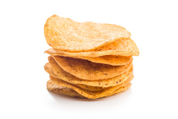 Crispy potato chips isolated on white background.