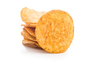 Crispy potato chips isolated on white background.