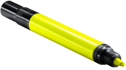 Bright yellow highlighter pen isolated on transparent background — realistic high-resolution PNG cutout with black cap for stationery design, school supply mockups and office branding