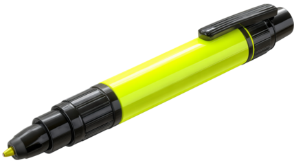 Bright yellow highlighter pen isolated on transparent background — realistic high-resolution PNG cutout with black cap for stationery design, school supply mockups and office branding