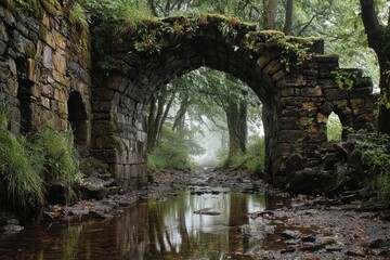 Ruined stone arch bridge over a misty stream
