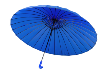A vibrant blue umbrella, seen from below, showcasing its elegant design and unique transparent texture. background removed